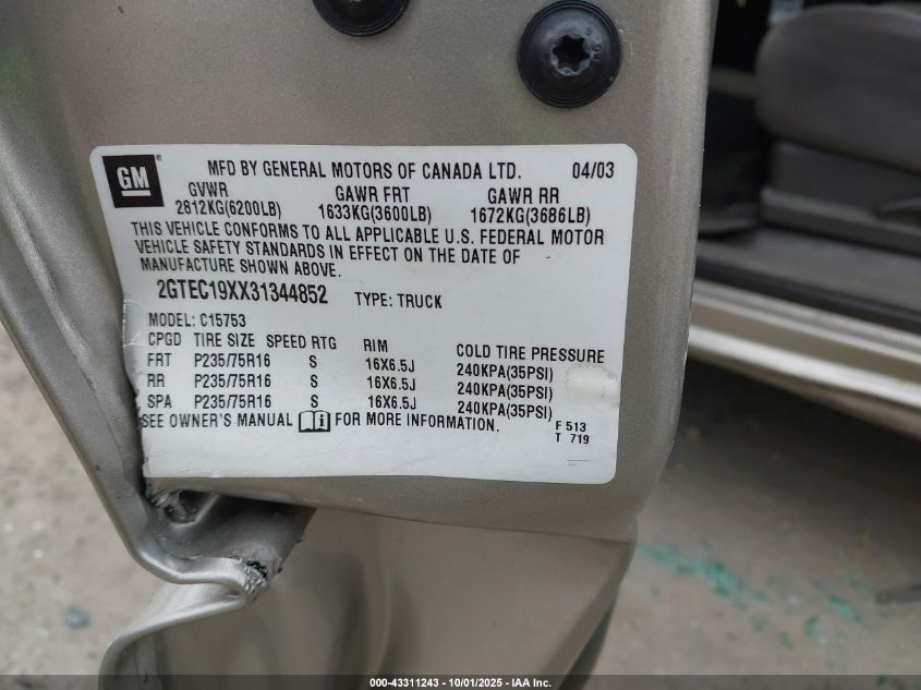 2003 GMC Sierra 1500 VIN: 2GTEC19XX31344852 Lot: 43311243