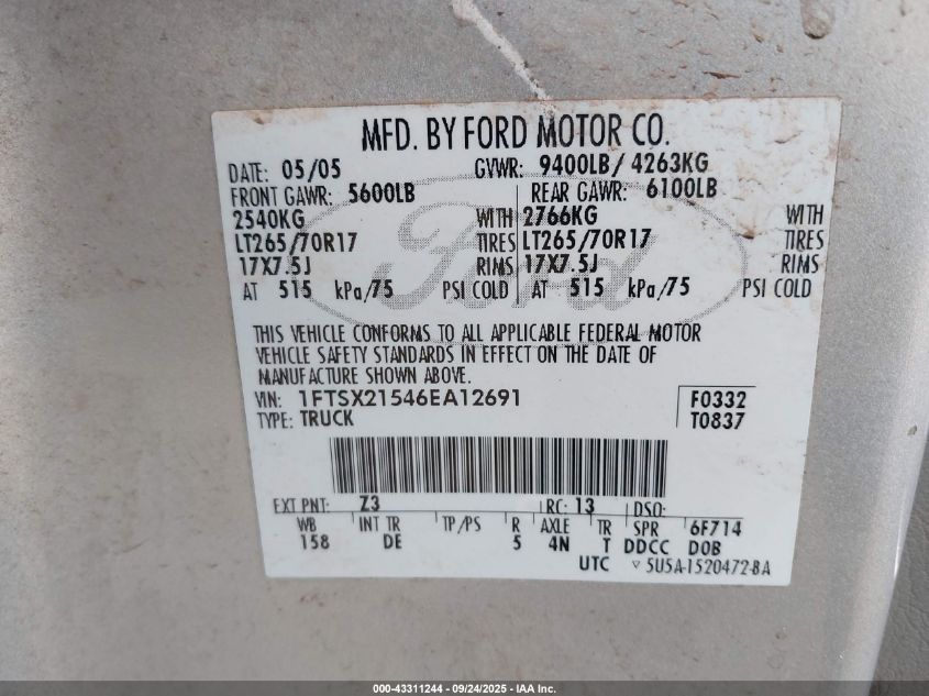 2006 Ford F-250 Lariat/Xl/Xlt VIN: 1FTSX21546EA12691 Lot: 43311244