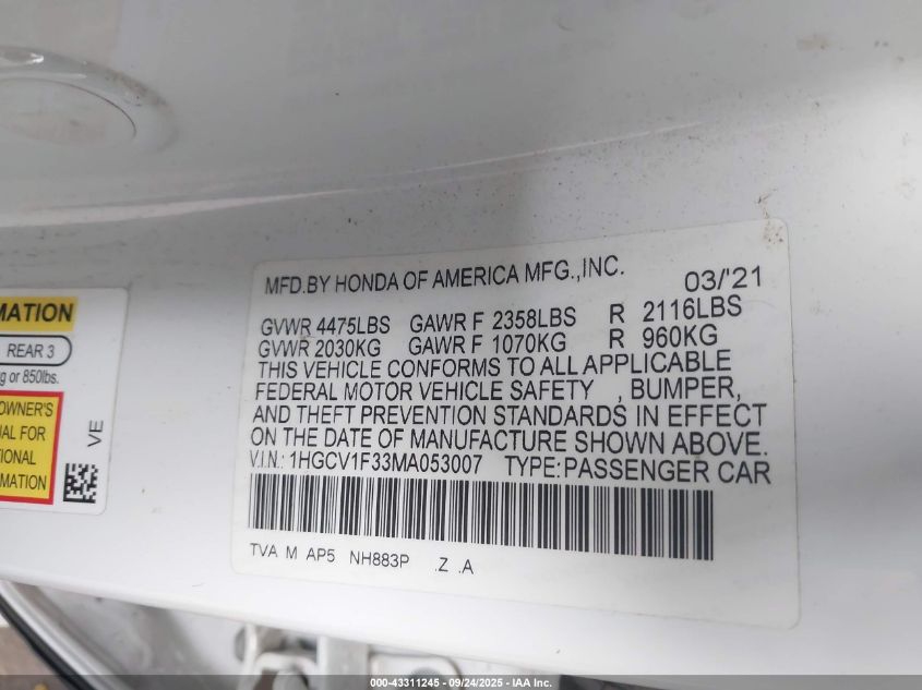 2021 Honda Accord Sport VIN: 1HGCV1F33MA053007 Lot: 43311245