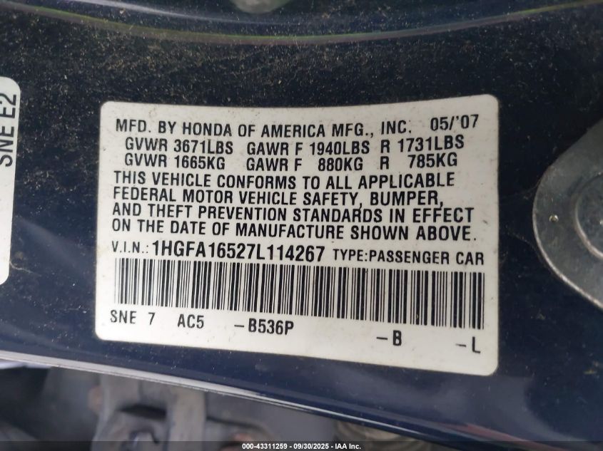 2007 Honda Civic Lx VIN: 1HGFA16527L114267 Lot: 43311259