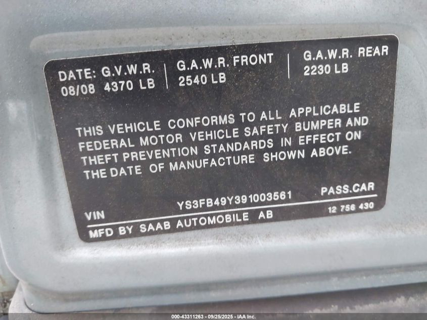 2009 Saab 9-3 2.0T VIN: YS3FB49Y391003561 Lot: 43311263