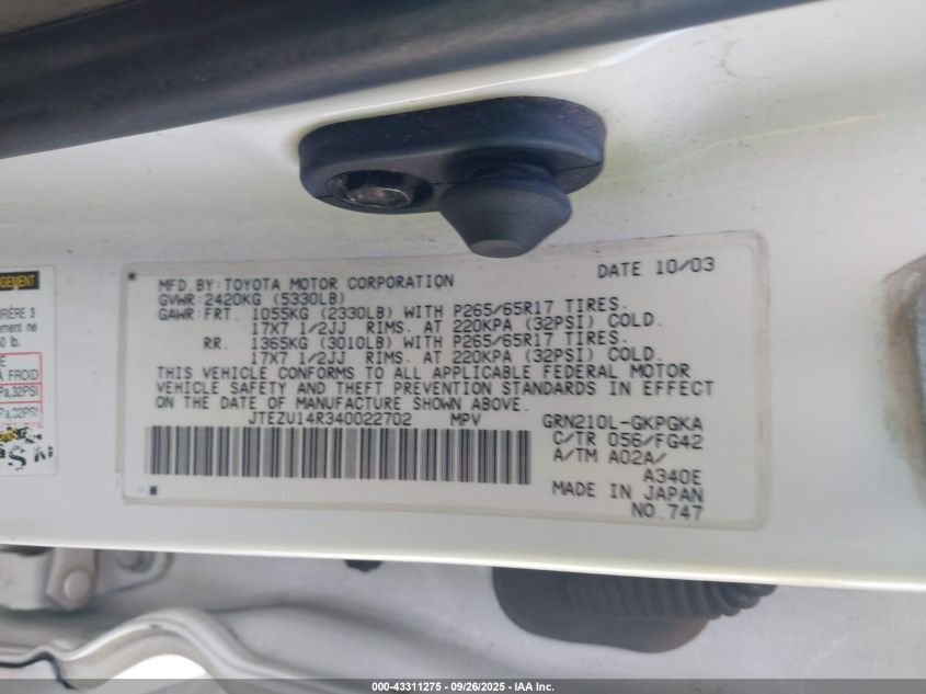 2004 Toyota 4Runner Sr5 V6 VIN: JTEZU14R340022702 Lot: 43311275