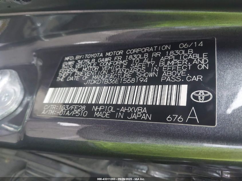 2014 Toyota Prius C One VIN: JTDKDTB36E1568194 Lot: 43311283