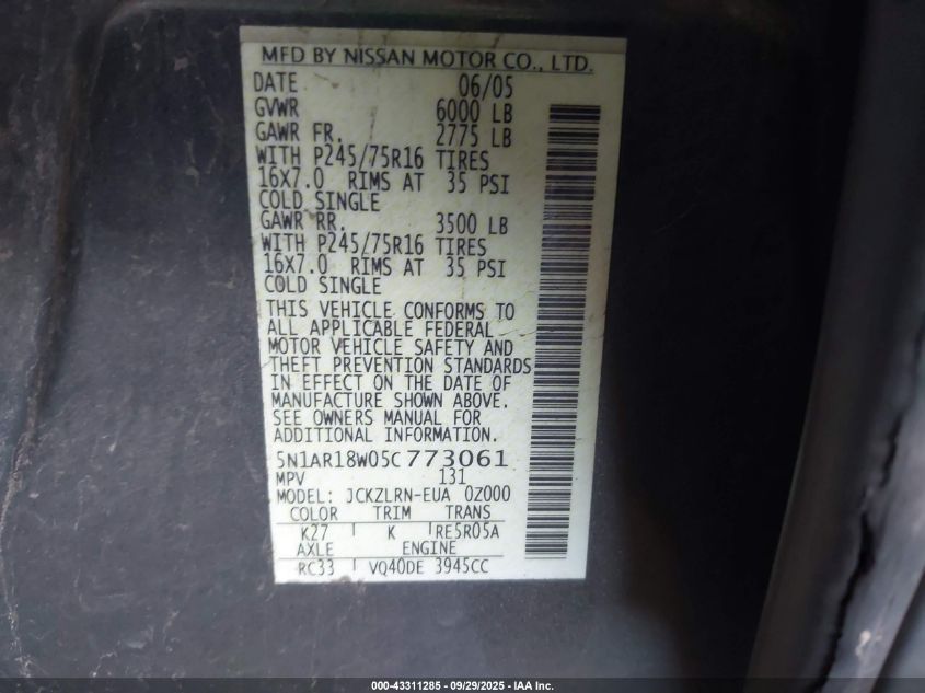 2005 Nissan Pathfinder Xe VIN: 5N1AR18W05C773061 Lot: 43311285