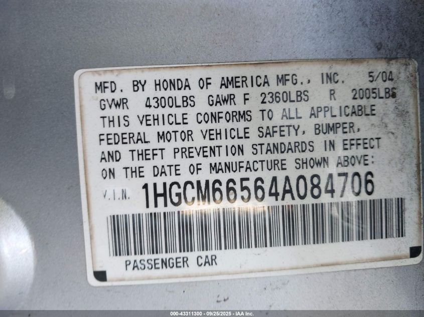 2004 Honda Accord 3.0 Ex VIN: 1HGCM66564A084706 Lot: 43311300