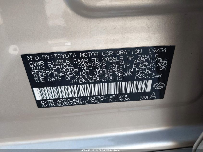 2005 Lexus Ls 430 VIN: JTHBN36F850181121 Lot: 43311312