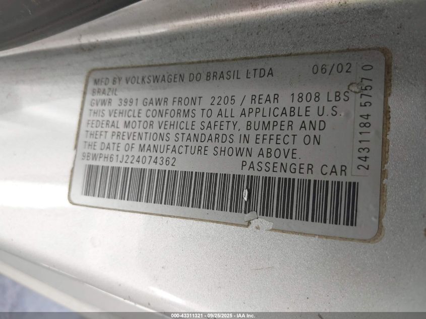 2002 Volkswagen Gti Vr6 VIN: 9BWPH61J224074362 Lot: 43311321
