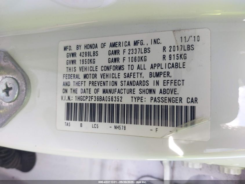 2011 Honda Accord 2.4 Lx VIN: 1HGCP2F36BA056352 Lot: 43311331