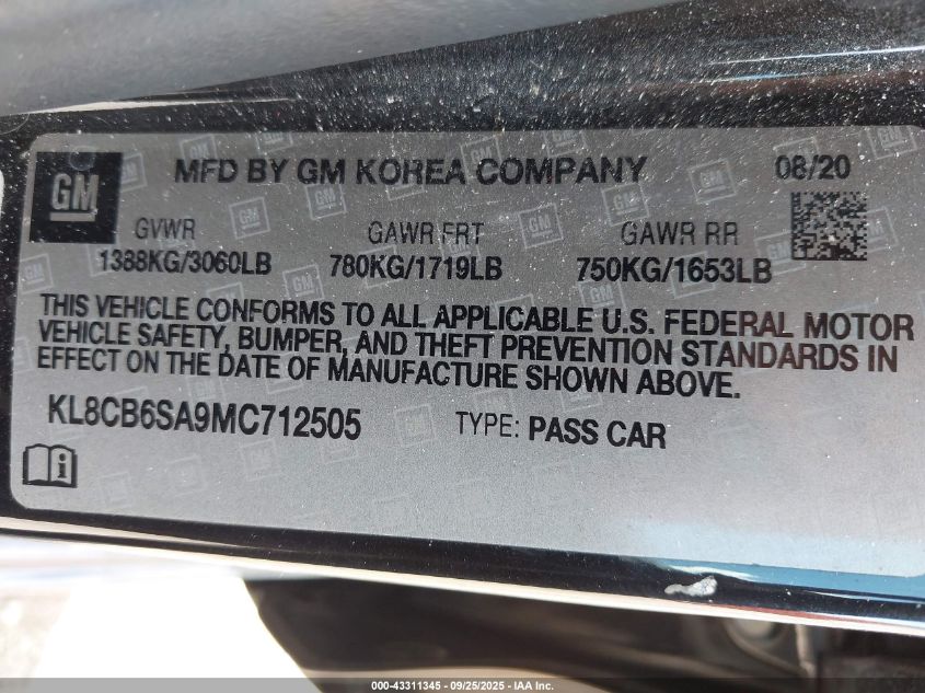 2021 Chevrolet Spark Fwd Ls Automatic VIN: KL8CB6SA9MC712505 Lot: 43311345