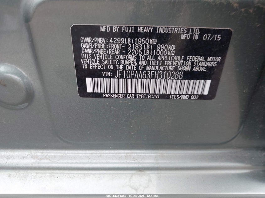 2015 SUBARU IMPREZA 2.0I - JF1GPAA63FH310288