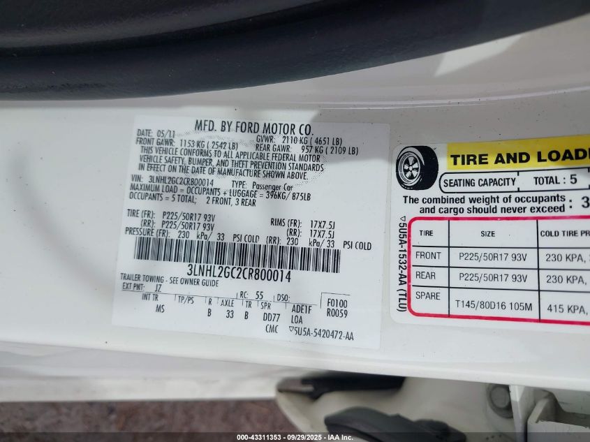 2012 Lincoln Mkz VIN: 3LNHL2GC2CR800014 Lot: 43311353