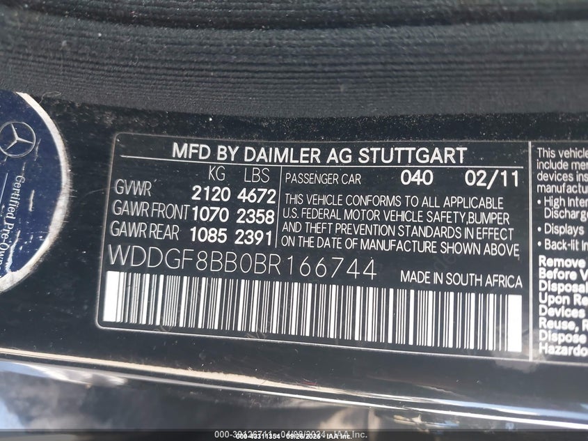 2011 Mercedes-Benz C 300 Luxury 4Matic/Sport 4Matic VIN: WDDGF8BB0BR166744 Lot: 43311354