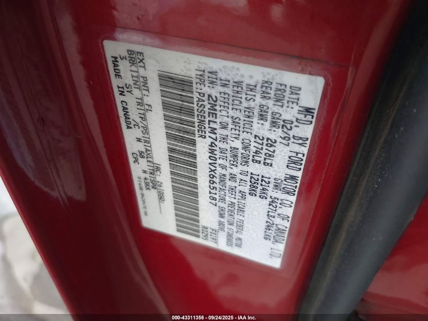 1997 Mercury Grand Marquis Gs VIN: 2MELM74W0VX665187 Lot: 43311356