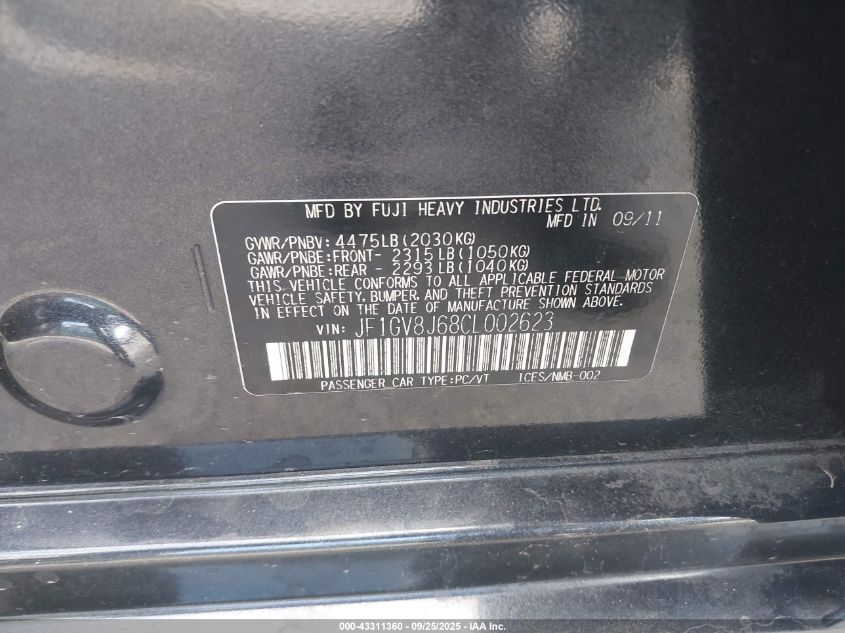 2012 Subaru Impreza Wrx Sti VIN: JF1GV8J68CL002623 Lot: 43311360