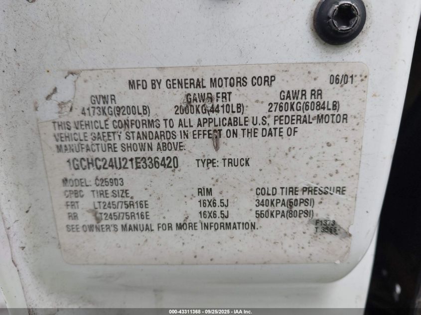 2001 Chevrolet Silverado 2500Hd VIN: 1GCHC24U21E336420 Lot: 43311368