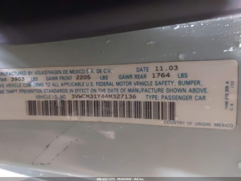 2004 Volkswagen New Beetle Gls VIN: 3VWCM31Y44M327136 Lot: 43311372
