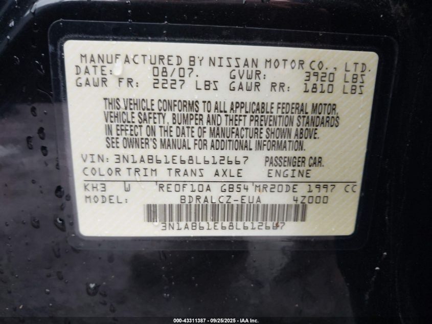 2008 Nissan Sentra 2.0 VIN: 3N1AB61E68L612667 Lot: 43311387