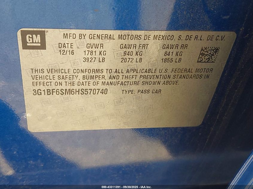 2017 Chevrolet Cruze Premier Auto VIN: 3G1BF6SM6HS570740 Lot: 43311391