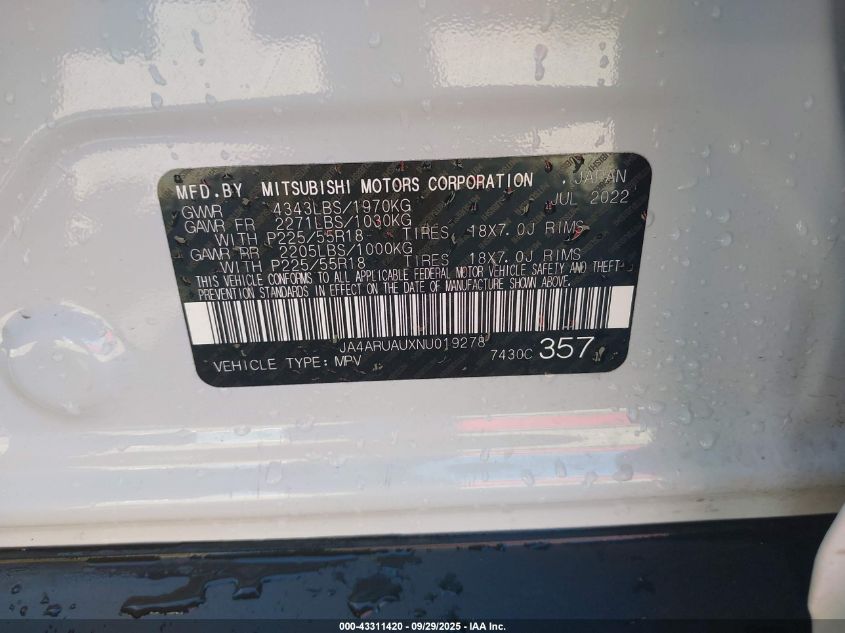 2022 Mitsubishi Outlander Sport 2.0 Be Awc VIN: JA4ARUAUXNU019278 Lot: 43311420