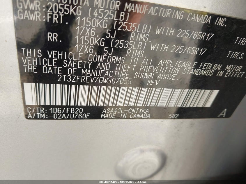 2016 Toyota Rav4 Le VIN: 2T3ZFREV7GW307055 Lot: 43311422