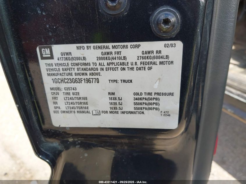 2003 Chevrolet Silverado 2500Hd Ls VIN: 1GCHC23G63F196770 Lot: 43311421