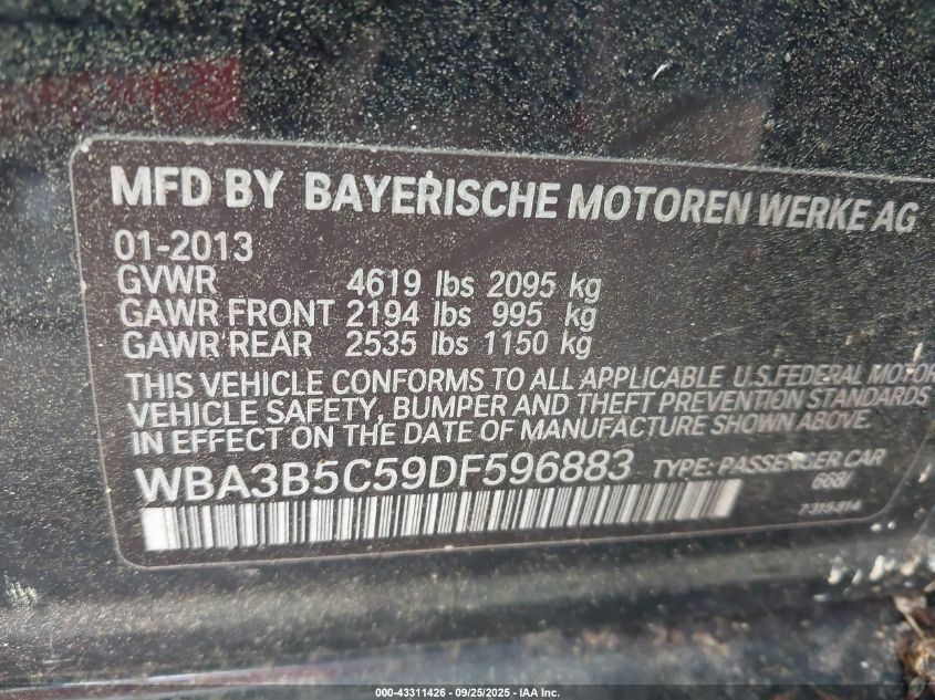 2013 BMW 328I xDrive VIN: WBA3B5C59DF596883 Lot: 43311426