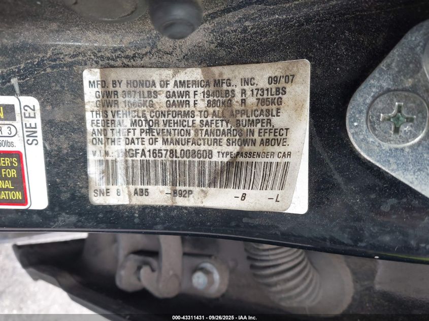 2008 Honda Civic Lx VIN: 1HGFA16578L008608 Lot: 43311431