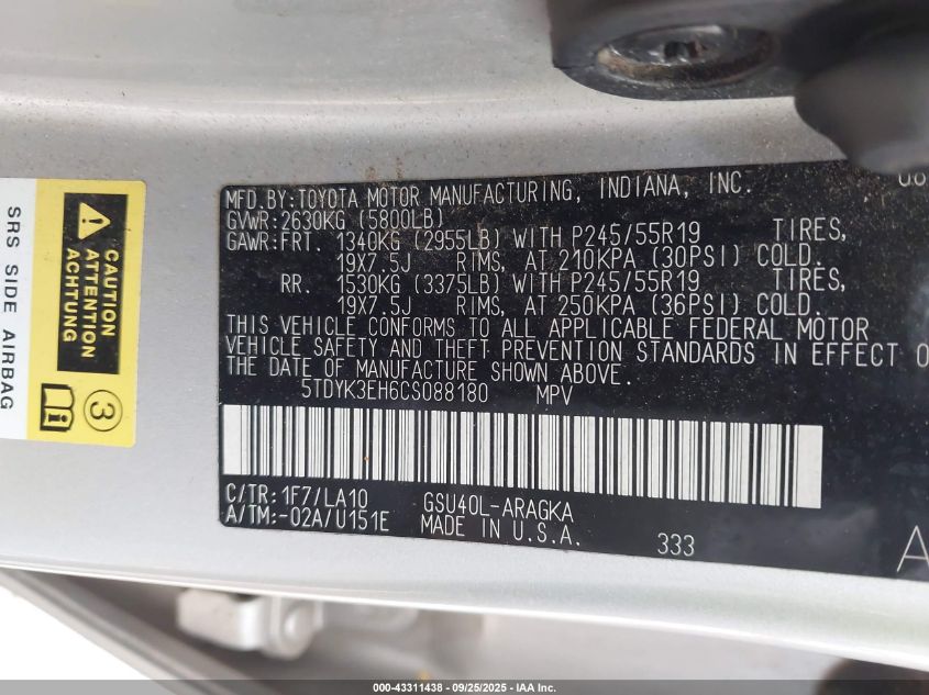 2012 Toyota Highlander Limited V6 VIN: 5TDYK3EH6CS088180 Lot: 43311438