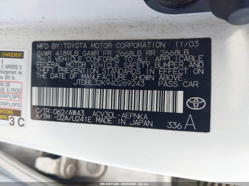 2004 Toyota Camry Le VIN: JTDBE32K940269243 Lot: 43311440