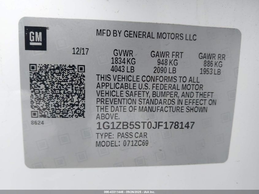 2018 Chevrolet Malibu 1Ls VIN: 1G1ZB5ST0JF178147 Lot: 43311446