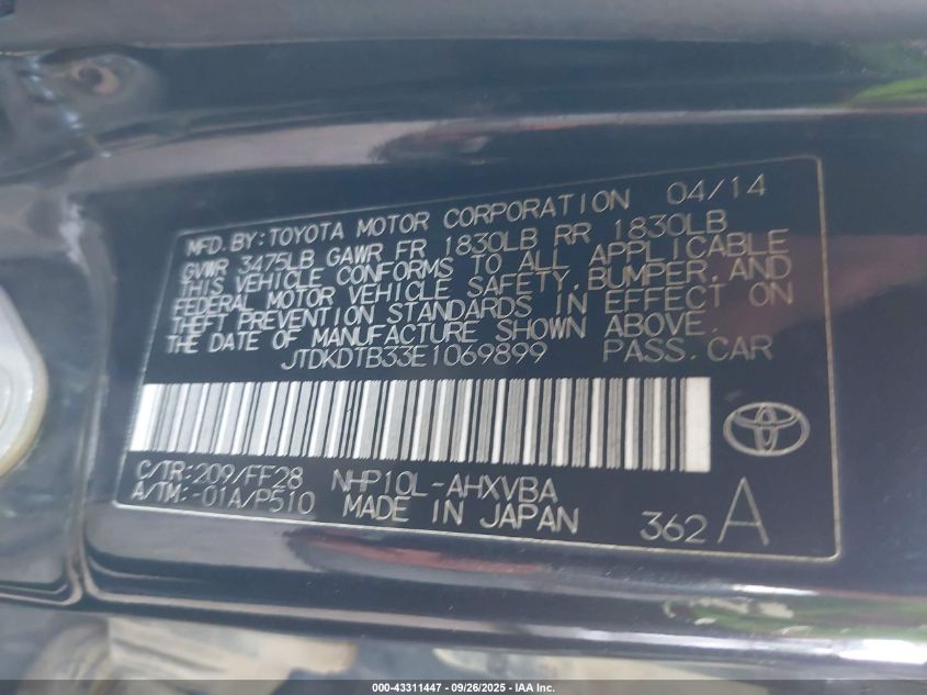 2014 Toyota Prius C Two VIN: JTDKDTB33E1069899 Lot: 43311447