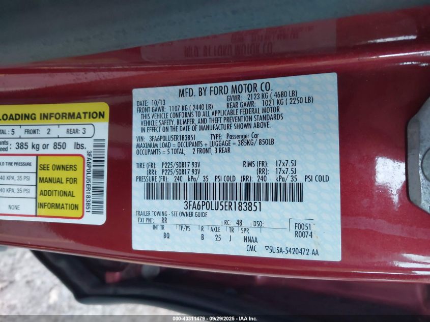 2014 Ford Fusion Hybrid Se VIN: 3FA6P0LU5ER18385 Lot: 43311479