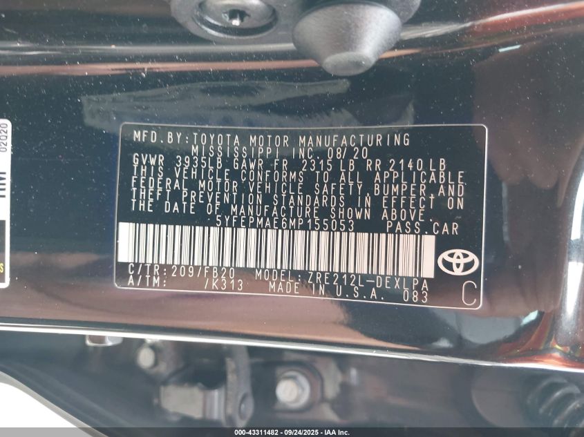 2021 Toyota Corolla Le VIN: 5YFEPMAE6MP155053 Lot: 43311482