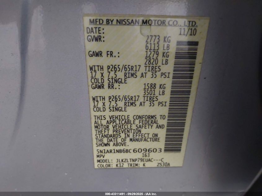 2011 Nissan Pathfinder Sv VIN: 5N1AR1NB6BC609603 Lot: 43311491