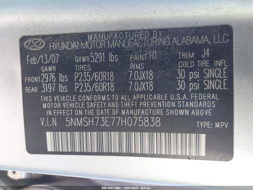 2007 Hyundai Santa Fe Limited/Se VIN: 5NMSH73E77H075838 Lot: 43311492