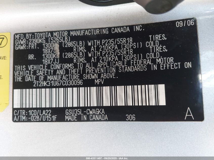 2007 Lexus Rx 350 VIN: 2T2HK31U67C030096 Lot: 43311497