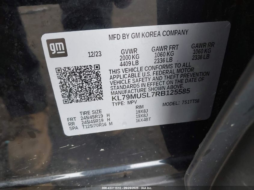 2024 Chevrolet Trailblazer Awd Rs VIN: KL79MUSL7RB125585 Lot: 43311510