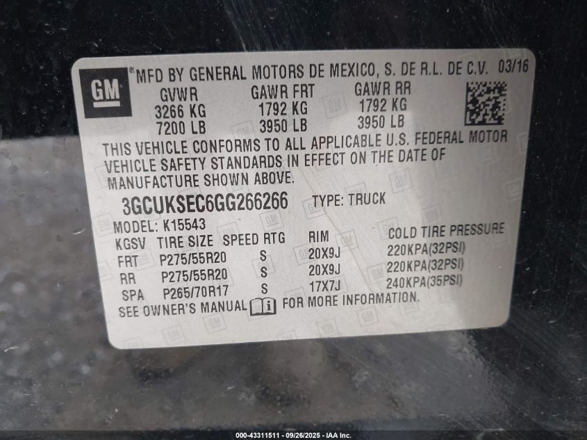 2016 Chevrolet Silverado 1500 2Lz VIN: 3GCUKSEC6GG266266 Lot: 43311511