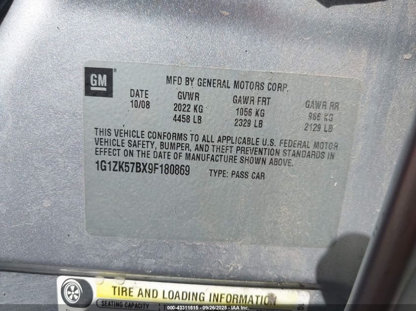 2009 Chevrolet Malibu Ltz VIN: 1G1ZK57BX9F180869 Lot: 43311515