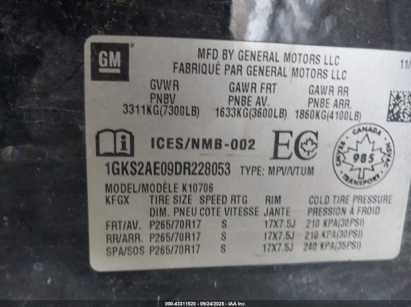 2013 GMC Yukon Sle VIN: 1GKS2AE09DR228053 Lot: 43311520