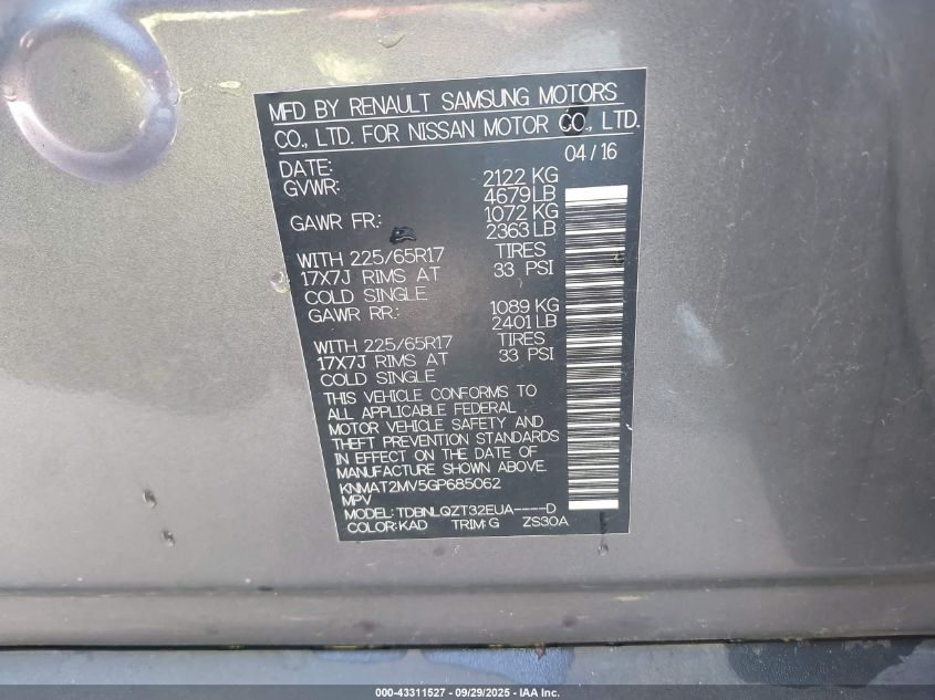 2016 Nissan Rogue Sv VIN: KNMAT2MV5GP685062 Lot: 43311527