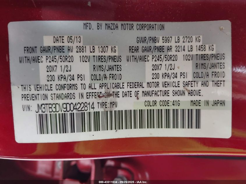 2013 Mazda Cx-9 Grand Touring VIN: JM3TB3DV9D0422814 Lot: 43311534