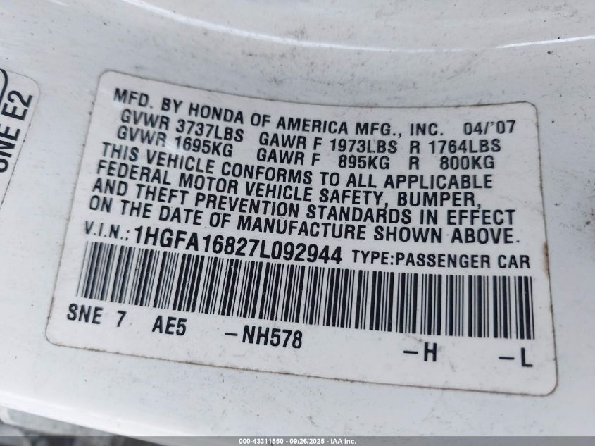 2007 Honda Civic Ex VIN: 1HGFA16827L092944 Lot: 43311550