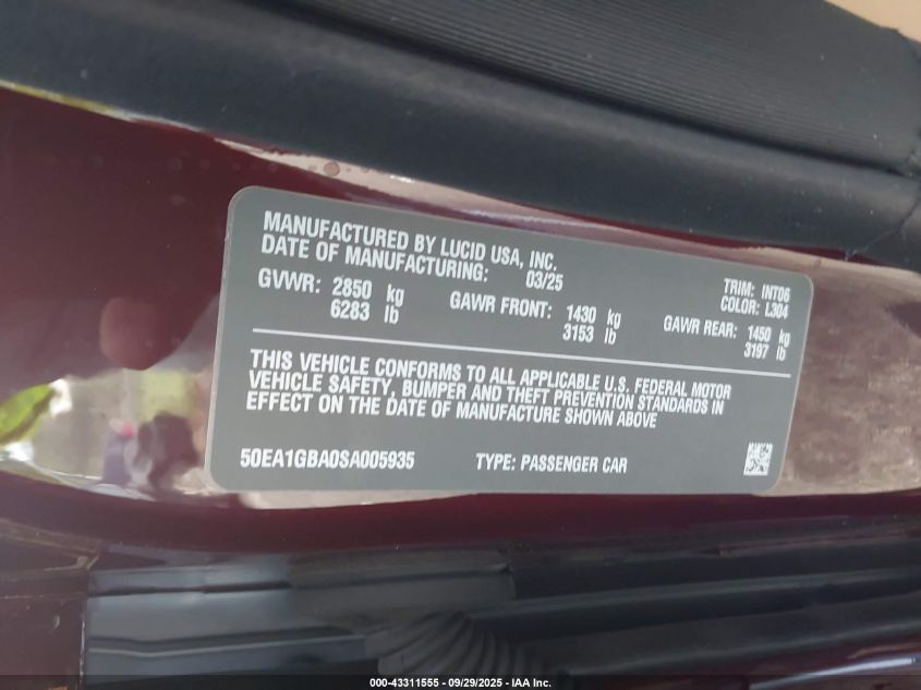 2025 Lucid Air Grand Touring VIN: 50EA1GBA0SA005935 Lot: 43311555