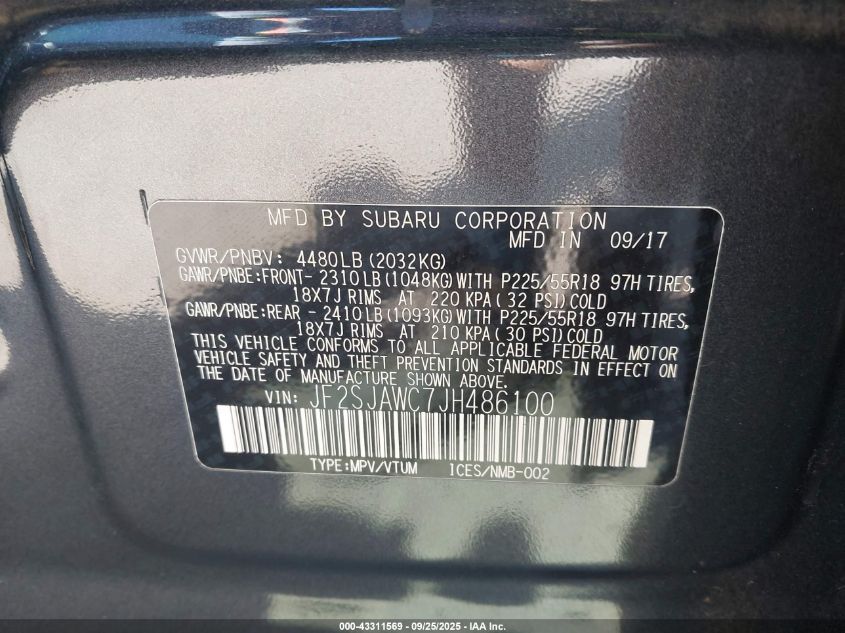 2018 Subaru Forester 2.5I Touring VIN: JF2SJAWC7JH486100 Lot: 43311569