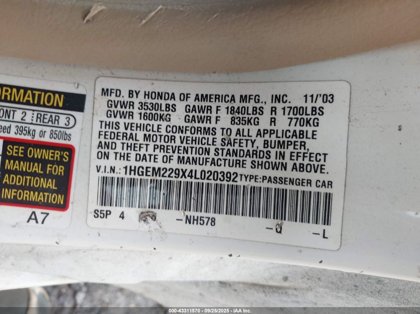2004 Honda Civic Ex VIN: 1HGEM229X4L020392 Lot: 43311570