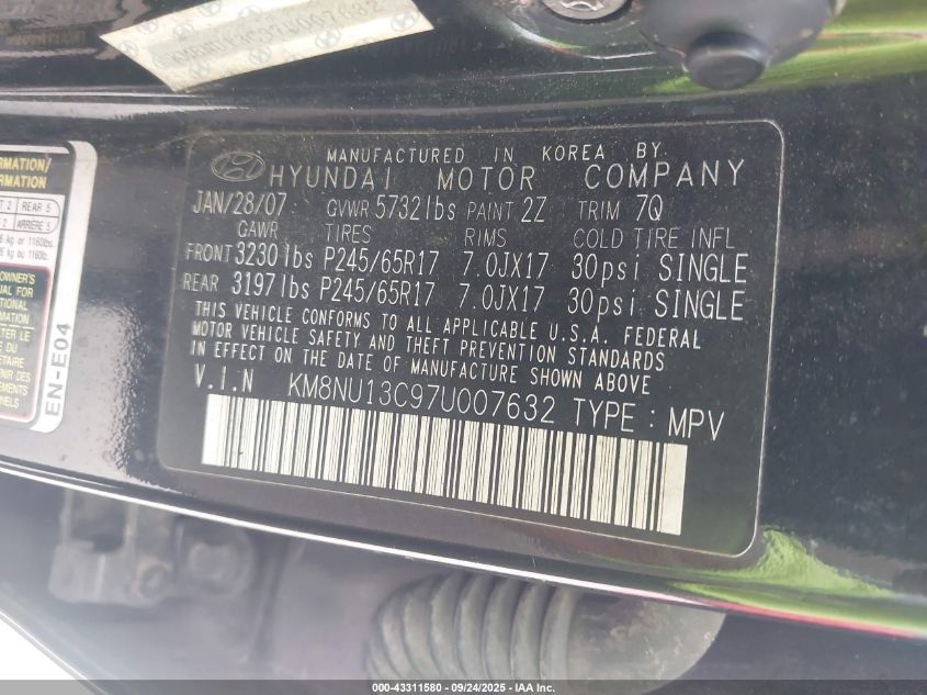 2007 Hyundai Veracruz Gls/Limited/Se VIN: KM8NU13C97U007632 Lot: 43311580