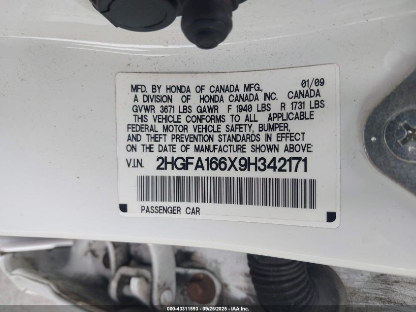 2009 Honda Civic Lx-S VIN: 2HGFA166X9H342171 Lot: 43311593