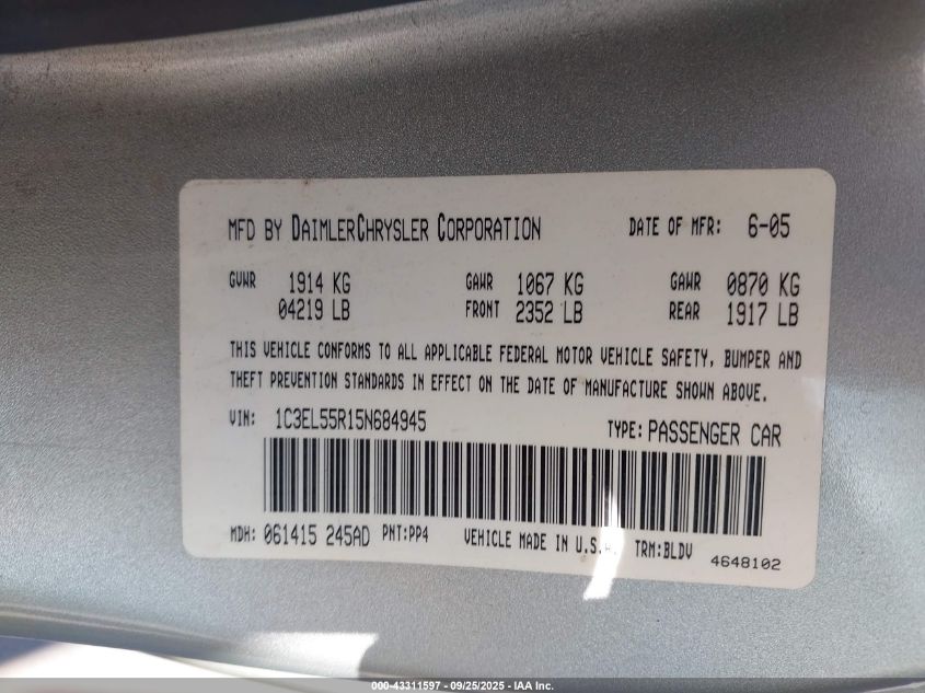 2005 Chrysler Sebring Touring VIN: 1C3EL55R15N684945 Lot: 43311597