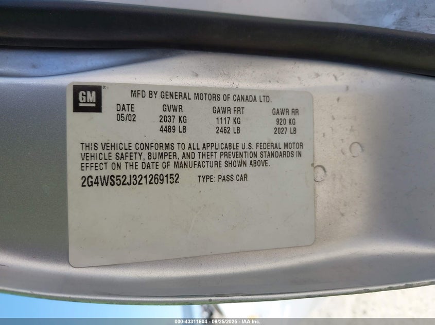 2002 Buick Century Custom VIN: 2G4WS52J321269152 Lot: 43311604